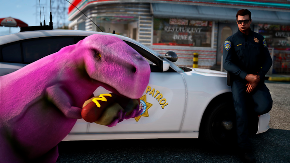 The dinosaur can safely eat his hot dog, because there is a Highway Patrol is on the watch!