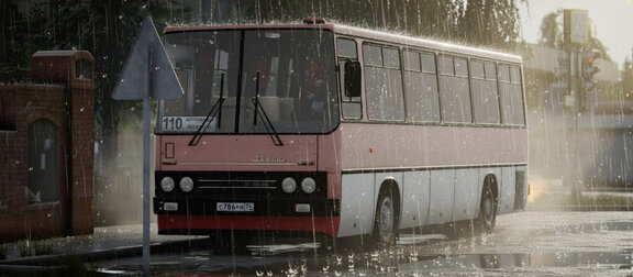 Старый красно-белый автобус стоит под проливным дождём, а тёплый свет пробивается сквозь тучи, наполняя сцену тихой ностальгией.