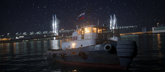 Грузовое судно плывёт под мостом — ночной Невский растворяется в нём.