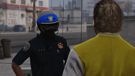 Behind the mask, Officer Jacob Ray isn't just a man; he is a wall of San Andreas justice